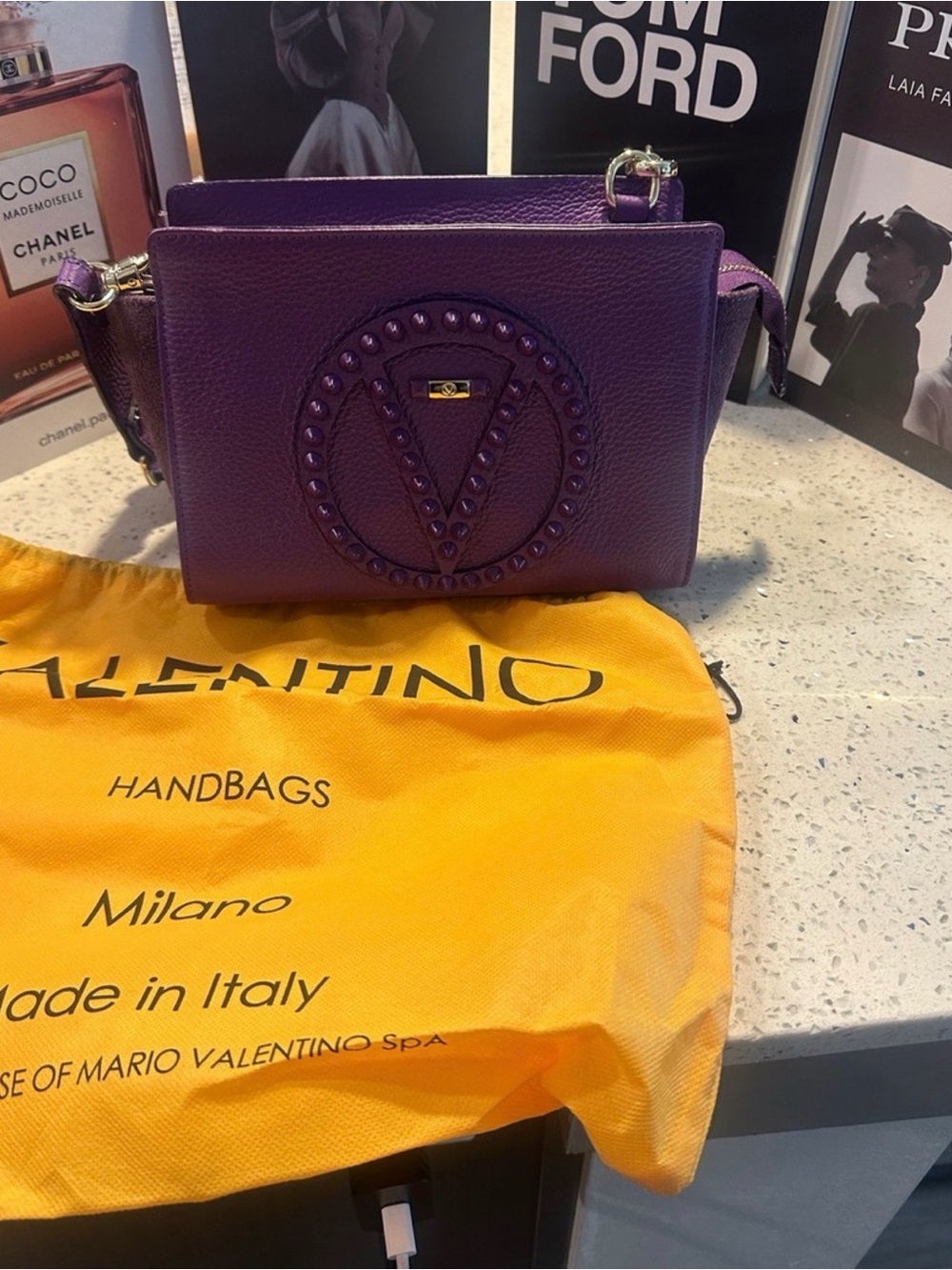 Valentino Kiki Rockstud Purple Pebbled Leather V-Logo Crossbody Bag